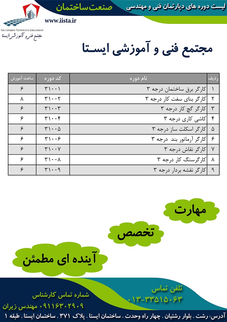 لیست دوره های صنعت ساختمان * آموزشگاه ایستا *